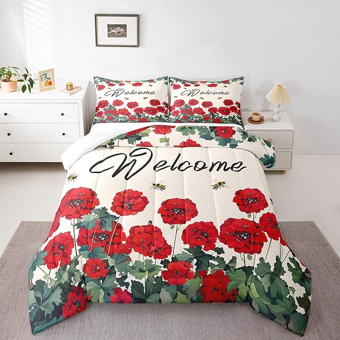 Erosebridal Red Farmhouse Flower Bedding Sets Queen Spring Bee Geranium Down Comforter Rustic Blossom Floral Comforter Set for Kids Girls Adults Women,Green Leaf Bed Set Country Garden Style Decor