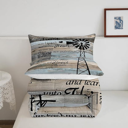 Erosebridal Rustic Wooden Duvet Insert Twin Farmhouse Windmill Bedding Set Patchwork Country Comforter Set for Kids Boys Girls,Brown Gray Blue Vintage Barn Door Quilt Set Cabin Lodge Decor 2 Pcs