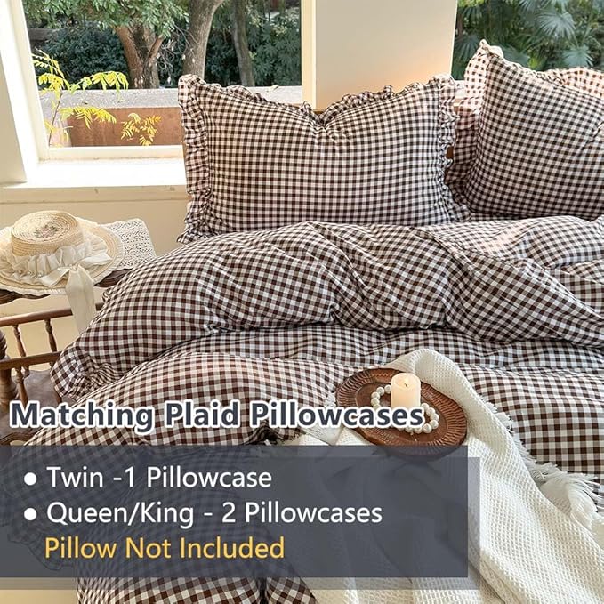 NSNLGSGC Mocha Ruffle Gingham Comforter Set Queen, Pre-Washed Ruffled Coffee Plaid Checked Comforter Bedding, 3 Pieces Vintage Farmhouse Grid Bedding Set(Mocha Gingham, Queen)