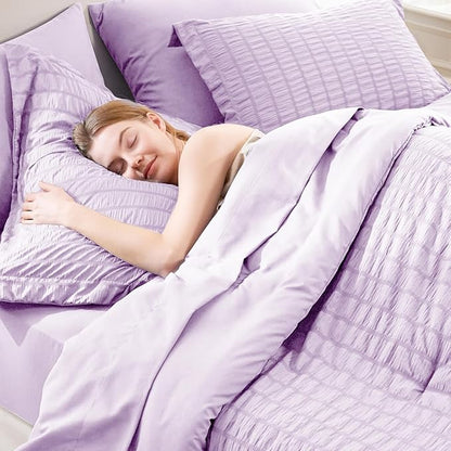 CozyLux Queen Seersucker Comforter Set with Sheets Light Purple Bed in a Bag 7-Pieces All Season Lavender Bedding Sets with Comforter, Pillow Sham, Flat Sheet, Fitted Sheet, Pillowcase