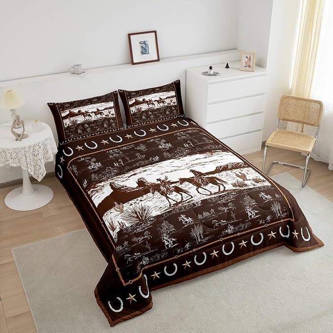 Feelyou Western Aztec Comforter Set Toddler Size Horse Cowboy Bedding Set for Boys Men Kids Teens Rustic Western Decor Country Wild West Down Comforter Brown Duvet Set with 1 Pillowcase
