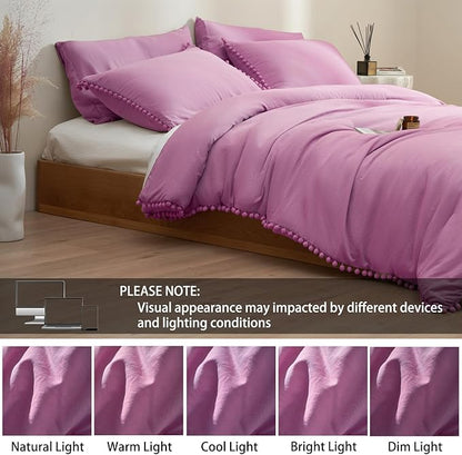 MUKKA Queen Comforter Set 5- Piece Comforter Queen Size Hot Pink, Boho Pom Pom Fringe Comforter Sets Queen Size, Bedding Comforter Sets with 2 Pillowcases 2 Pillowshams