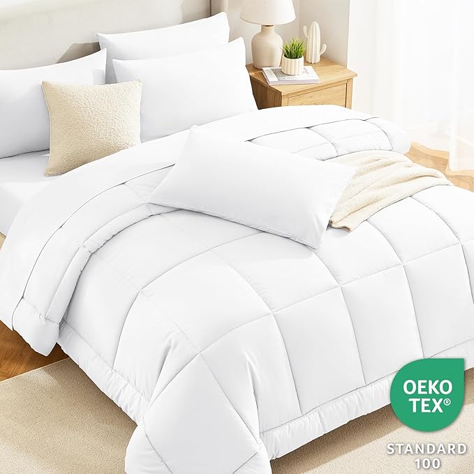 CozyLux Queen Comforter Set White, 7 Pieces Bed in a Bag, White Comforter Queen Size, All Season Bedding Sets with Stitch Quilted Comforter, Flat Sheet, Fitted Sheet, Pillowcases