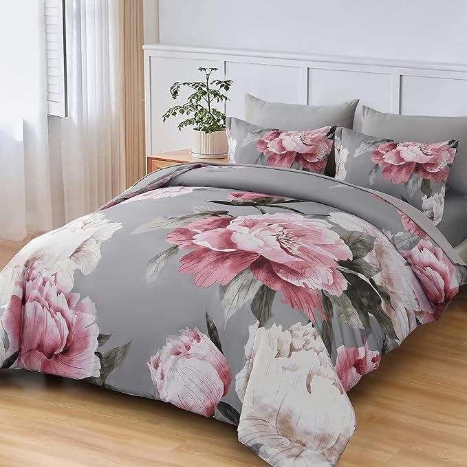 Dobuyly Pink and Grey Comforter Set Full Size 7 Piece Bed in a Bag, Floral Printed on Gray Full Comforter Set with Sheets, Soft Microfiber Botanical Complete Bedding Set for All Season
