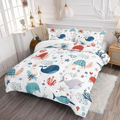 Kids Turtle Comforter Set Full Beach Theme Dolphin Starfish Seaweed Bedding Set Sea Animal Octopus Reptile Bed Set with 2 Pillowcases for Boys Girls Room Decor