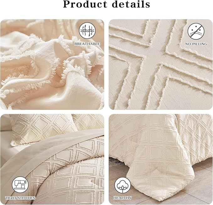 6 Pieces Tufted Bed in a Bag Twin Comforter Set with Sheets Beige, Soft and Embroidery Shabby Chic Boho Bohemian Design, Luxury Solid Color with Diamond Pattern, Jacquard Tufts Bedding Set for Kids