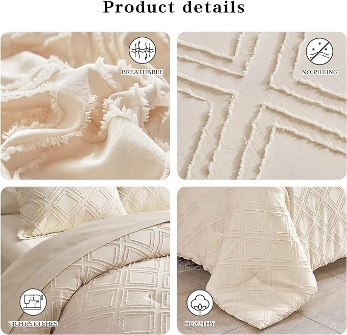 7 Pieces Tufted Bed in a Bag King Comforter Set with Sheets Beige, Soft and Embroidery Shabby Chic Boho Bohemian, Luxury Solid Color with Diamond Pattern, Jacquard Tufts Bedding Set for All Season