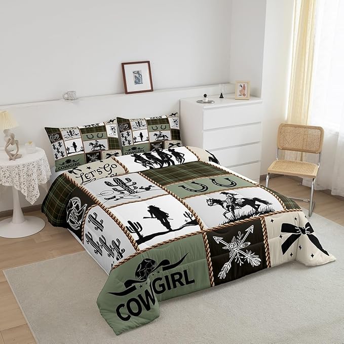 Western Cowgirl Comforter Set Full Size,Cactus Horseshoe Cow Skull Rustic Farmhouse Bedding Set,Girls Women Room Decor,Bow Arrow Patchwork Down Comforter,Camo Country Duvet Insert,2 Pillowcases