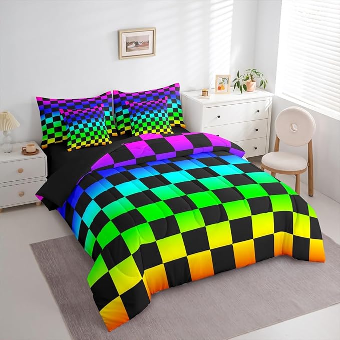 Multicolored Checkered Retro Comforter Set With Sheets 7 Piece King Size Geometric Vintage Bed in a Bag Kids Boys Girls Colorful Bedding Set Modern Groovy Aesthetic Bedroom Decor Breathable Soft
