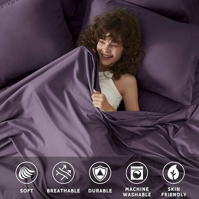 Twin Sheets Set - 4 Piece Soft Microfiber and Wrinkle Free Sheets - Easy Care, Extra Soft, Cooling Sheets - 1 Deep Pocket Fitted Sheet 1 Flat Sheet and 2 Pillowcases (Twin Purple)