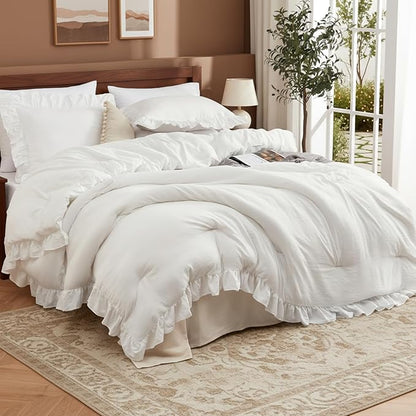CAROMIO White Ruffled King Size Comforter Set, 3PCS Soft Washed Microfiber Lightweight & Fluffy All-Season Bedding Comforter with Vintage French Country Style, White, 104x90 in