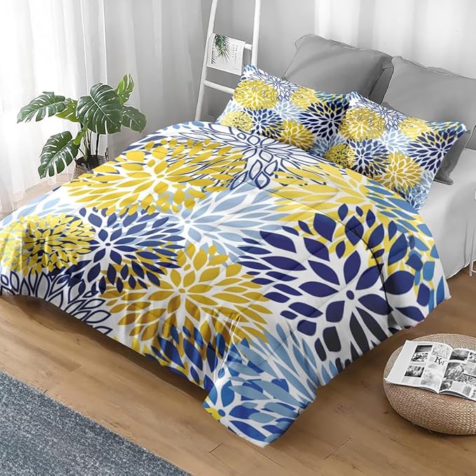 Comforter Set Twin Size, Spring Floral Navy Blue Soft 2 Pcs Bedding for Kids and Adults, Gray Yellow Flower Comforter Set with Pillowcase, for Bedroom Bed Decor