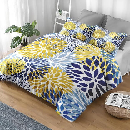 Comforter Set Queen Size, Spring Floral Navy Blue Soft 3 Pcs Bedding for Kids and Adults, Gray Yellow Flower Comforter Set with 2 Pillowcases, for Bedroom Bed Decor