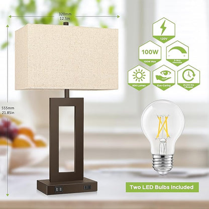 Set of 2 Touch Control Table Lamps with 2 USB Ports&AC Outlet, 3-Way Dimmable Modern Nightstand Lamp Sets, Brown Bedside Desk Lamps for Bedroom Living Room End Tables, Bulbs Included, Cream Shade