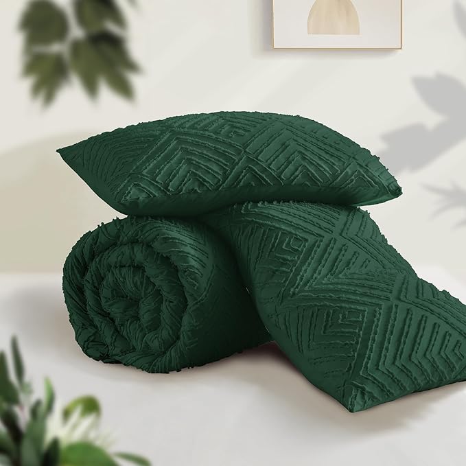 Andency Dark Emerald Green Oversized Comforter King Size 120"x98", 3 Pieces Boho Bedding Set & Collections, Farmhouse Tufted Fluffy Bed Set (1 Comforter, 2 Pillowcases)