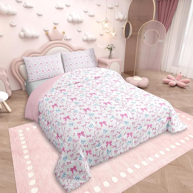 Erosebridal Bowknot Comforter Set for Girls, Dreamy Princess Style Full Size Down Comforter, Cute Bow Tie Cartoon Quilt for Kids Teens Women Room, Girly Kawaii Bedding Set, Pink Blue