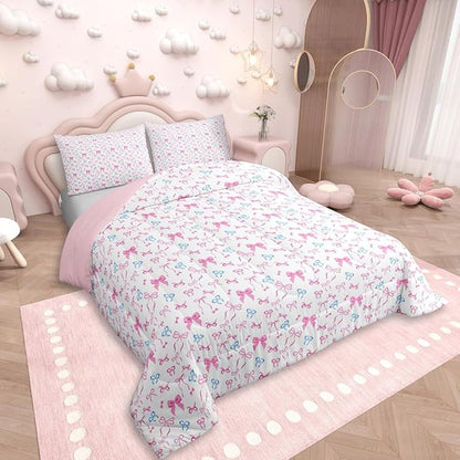 Erosebridal Bowknot Comforter Set for Girls, Dreamy Princess Style King Size Down Comforter, Cute Bow Tie Cartoon Quilt for Kids Teens Women Room, Girly Kawaii Bedding Set, Pink Blue
