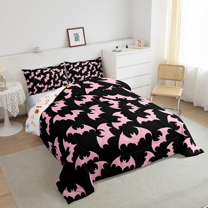 Erosebridal Pink Bat Toddler Comforter Halloween Bat Bedding Set Spooky Goth Gothic Animal Duvet Insert Horror Halloween Bed Sets for Kids Teens Adults