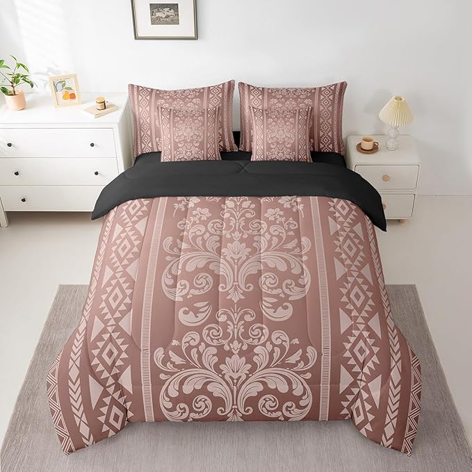 Comforter Set King Size, Coper Brown Damask Aztec 7 Pcs Bedding for Kids and Adults, Antique Decor Western Baroque Gothic Bed Sheet Sets with Fitted Sheet 2 Pillowcases & 2 Shams for Bedroom Bed Decor