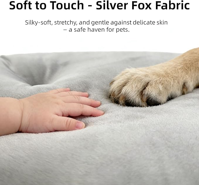 Dog Bed for Small Dogs & Cats 23”x17”, Non-Slip Washable Faux Silver Fox Fur Crate Pad, Durable Oval Pet Mat, Light Grey