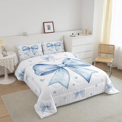 Erosebridal Cute Blue Bowknot Bedding Set King for Kids Girls Teen Women,Kawaii Dreamy Bow Comforter Set Princess Style Blue White Heart Decor Bedding Comforter Sets Soft Breathable Quilt Duvet