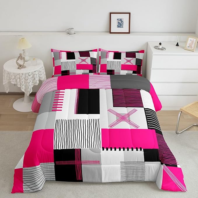 Erosebridal Hot Pink Grey Comforter Set King Black White Abstract Bedding Set for Kids Girls Teen Women Geometric Square Quilt Grids Checkered Duvet Insert Modern Fashion Room Decor 3 Pcs