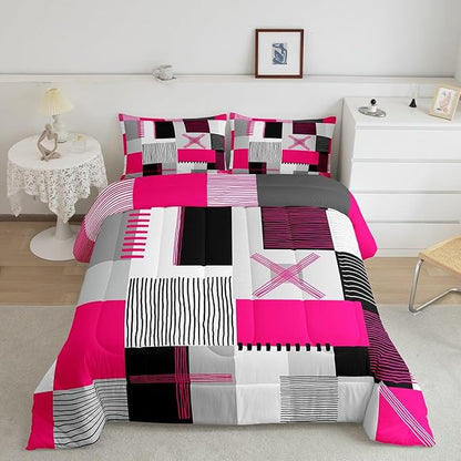 Erosebridal Hot Pink Grey Comforter Set Queen Black White Abstract Bedding Set for Kids Girls Teen Women Geometric Square Quilt Grids Checkered Duvet Insert Modern Fashion Room Decor 3 Pcs