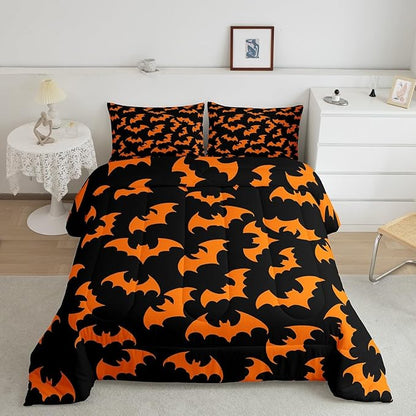 Erosebridal Orange Bat King Bedding Set Halloween Bat Comforter Set Spooky Goth Gothic Animal Bed Collections Horror Halloween Duvet Quilt Sets for Kids Teens Adults