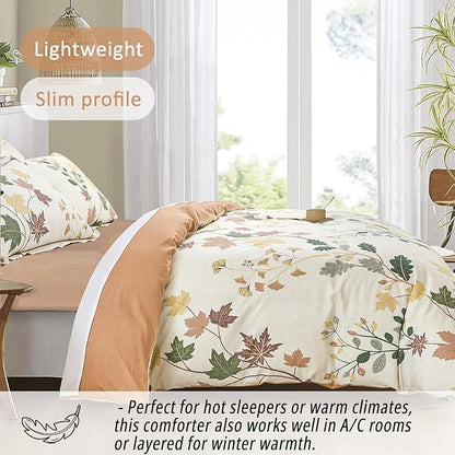 Botanical Cotton Comforter Queen Size - Luxurious Design with Maple Leaves and Branches on Beige, Textured Maple Orange Back, 3PC Lightweight Bedding Set with Ultra-Soft Alternative Fill