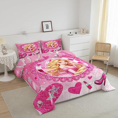 Castle Princess Kids Comforter Set Queen Size,High-heeled Shoes Lip Bowknot Fashion Bedding Set,Girls Women Room Decor,Glitter Stars Sequins Down Comforter,Pink Romantic Duvet Insert,2 Pillowcases
