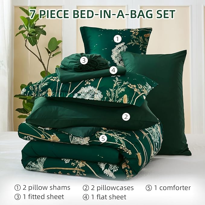Yiran 7 Piece Comforter Set King Size, Dark Green Dandelion Floral Bedding Set, Botanical Bed in a Bag King, Soft Microfiber Complete Bedding Set with Comforter, Sheets, Pillowcases & Shams