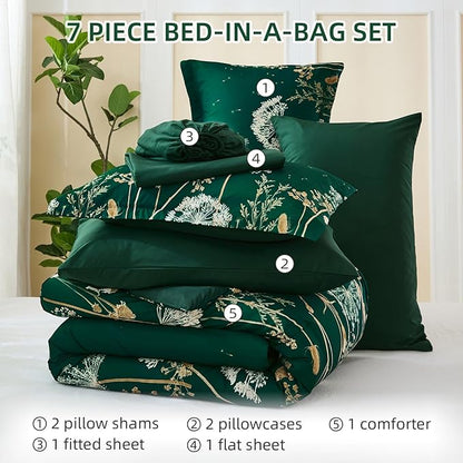 Yiran 7 Piece Comforter Set King Size, Dark Green Dandelion Floral Bedding Set, Botanical Bed in a Bag King, Soft Microfiber Complete Bedding Set with Comforter, Sheets, Pillowcases & Shams