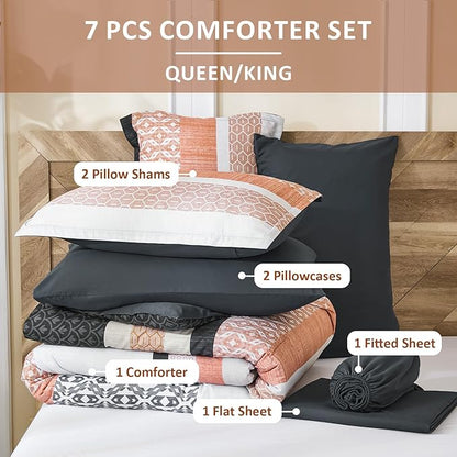 DJY Queen Size Comforter Set,Boho Striped Queen Bed Set,7 Piece Orange Patchwork Soft Microfiber Bedding Set for All Season(90"×90")