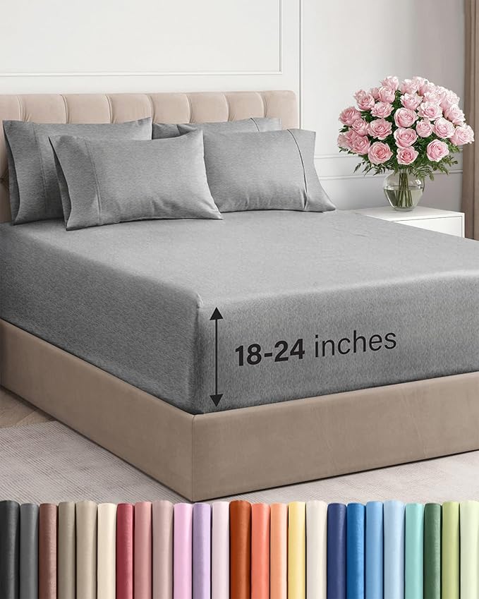 Extra Deep Full Sheet Set - 6 Piece Breathable and Cooling Sheets - Hotel Luxury Bedding for Women, Men, Kids & Teens - Easy & Secure Fit - Soft and Wrinkle Free - Extra Deep Pockets - Heathered Grey