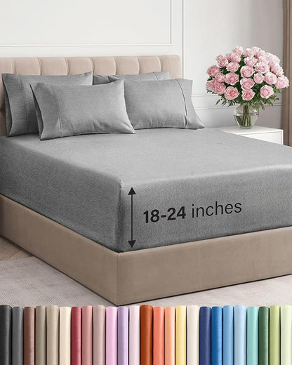 Extra Deep Full Sheet Set - 6 Piece Breathable and Cooling Sheets - Hotel Luxury Bedding for Women, Men, Kids & Teens - Easy & Secure Fit - Soft and Wrinkle Free - Extra Deep Pockets - Heathered Grey