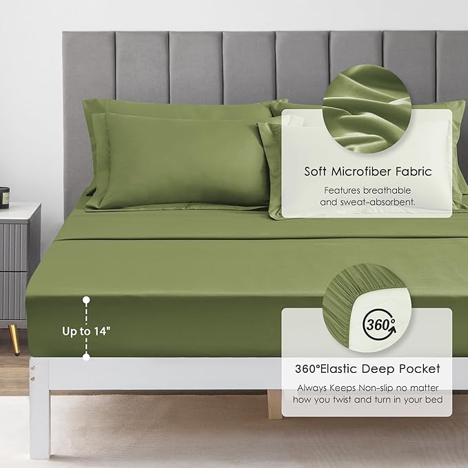 Love's cabin Queen Comforter Set Olive Green, 7 Pieces Queen Bed in a Bag, All Season Bedding Sets with 1 Comforter, 1 Flat Sheet, 1 Fitted Sheet, 2 Pillowcase and 2 Pillow Sham