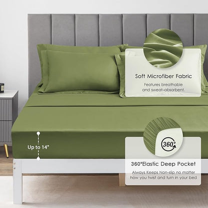 Love's cabin Queen Comforter Set Olive Green, 7 Pieces Queen Bed in a Bag, All Season Bedding Sets with 1 Comforter, 1 Flat Sheet, 1 Fitted Sheet, 2 Pillowcase and 2 Pillow Sham