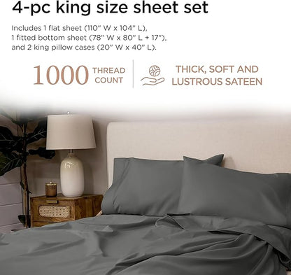Threadmill Certified 100% American Supima Cotton Sheets, 1000 Thread Count King Size Sheets, 4 Pc Luxury Bed Sheets Set, Hotel Quality Sateen Weave, Dark Grey Sheet with Elasticized Deep Pocket