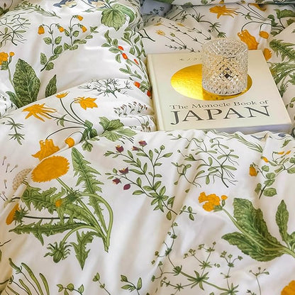CLOTHKNOW Green White Floral Queen Comforter Set 3Pcs Boho Bedding Comforter Sets All Season Farmhouse Comforter Botanical Comforter with 2 x Pillow Cases