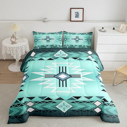 Bright Green Aztec Tribal Arrow Comforter Set Queen Size,Southwest Quilt Set Rustic Western Striped Bedding Set for Kids Girls Boys Adult Room Decor,Vintage Cowboy Duvet Insert,2 Pillowcases