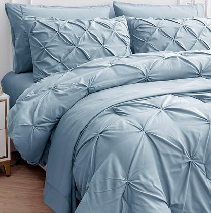 LANE LINEN Full Size Bed Comforter - 7 Piece - Refined Pintuck Finish for Hotel Style Bedding - Breathable Microfiber Bed in a Bag Comforter - Ideal Bedding for Apartments & First Homes - French Blue | Hotel sleep feel, Airy microfiber, Clean bed look,...