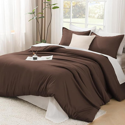 Litanika Comforters Brown Super King Size, 3 Pieces Lightweight Solid Bedding Set & Collections, All Season Fluffy Bed Set (120x120In Comforter & 2 Pillowcases)
