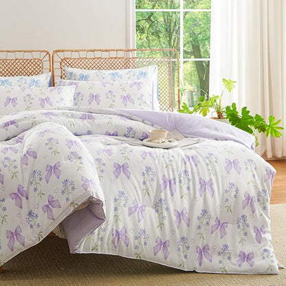 Purple Bow Comforter Set Queen 3 Pieces Floral Bedding Set for Girls Kids, Romantic Princess Style Bowknot Bedding, Ultra Soft Microfiber Garden Flower Comforter Sets with 2 Pillowcases