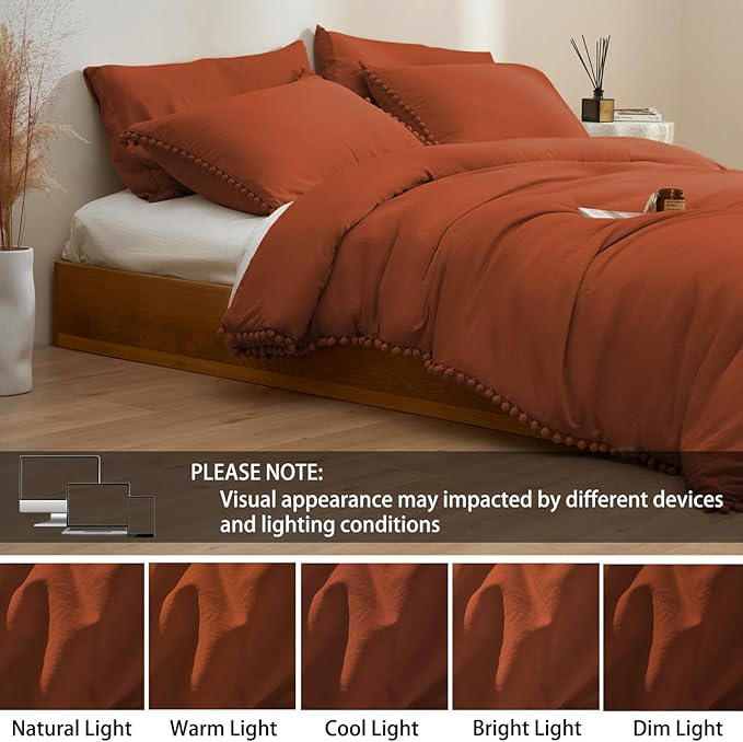 MUKKA King Comforter Set 5-Piece Comforter Terracotta King Size, Boho Pom Pom Fringe Comforter Sets King Size Burnt Orange, Soft Mirofiber Bedding Comforter Sets Rust with 2 Pillowcases,2 Pillowshams