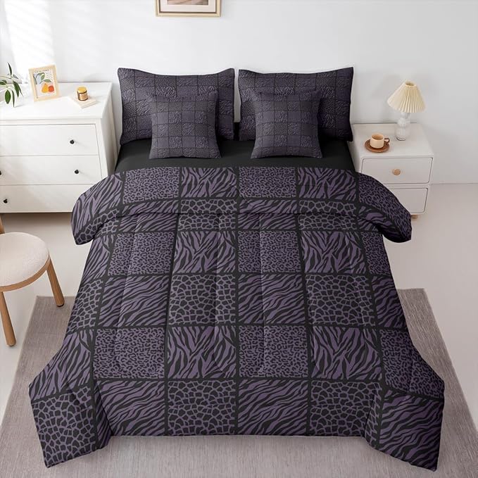 7 Pieces Wildlife Fur Splicing Print Comforter Set Twin,Purple and Black Bedding Set for Kids Girls Bedroom Decor,Leopard Cheetah Zebra Skin Bed Sets in a Bag with Comforter,Sheets and Pillow Cases