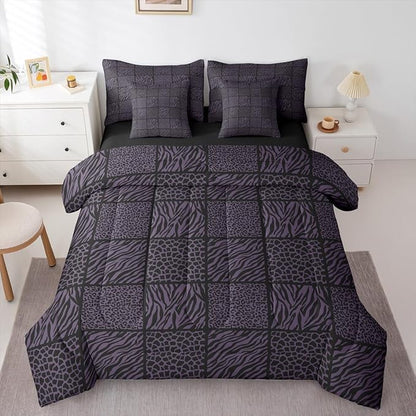 7 Pieces Wildlife Fur Splicing Print Comforter Set Twin,Purple and Black Bedding Set for Kids Girls Bedroom Decor,Leopard Cheetah Zebra Skin Bed Sets in a Bag with Comforter,Sheets and Pillow Cases