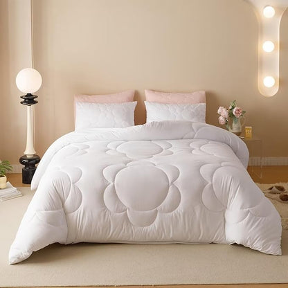 Cottonight White Sunflower Comforter Set - King Size 3 Piece Bedding Set - Soft Breathable Solid White Floral Bedding Set - Women Girls Boho Farmhouse Chic Blanket Quilts