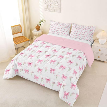 Feelyou Pink Bow Kids Comforter Set Toddler Size Pink Floral Bedding Set Princess Decor Bowknot Duvet Quilt for Kids Boys Girls Bedroom Garden Flower Decor Microfiber Ultra Soft Breathable