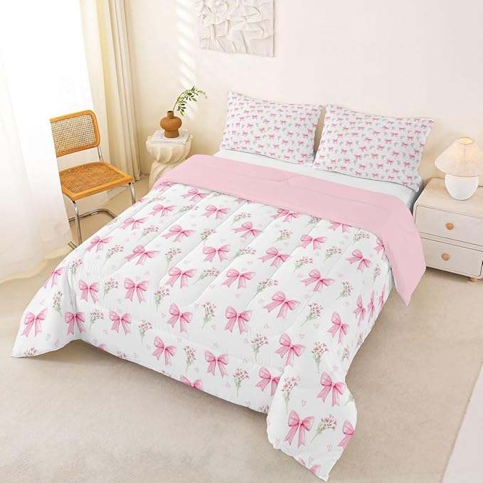 Feelyou Pink Bow Kids Comforter Set Full Size Pink Floral Bedding Set Princess Decor Bowknot Duvet Quilt for Kids Boys Girls Bedroom Garden Flower Decor Microfiber Ultra Soft Breathable