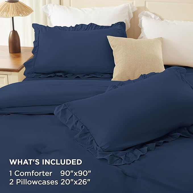 Andency Navy Blue Queen Comforter Set (90x90Inch), 3 Pieces Lightweight Fluffy Ruffle Bedding Comforter Sets for Queen Bed, Farmhouse Shabby Chic Soft Microfiber All Season Bed Set